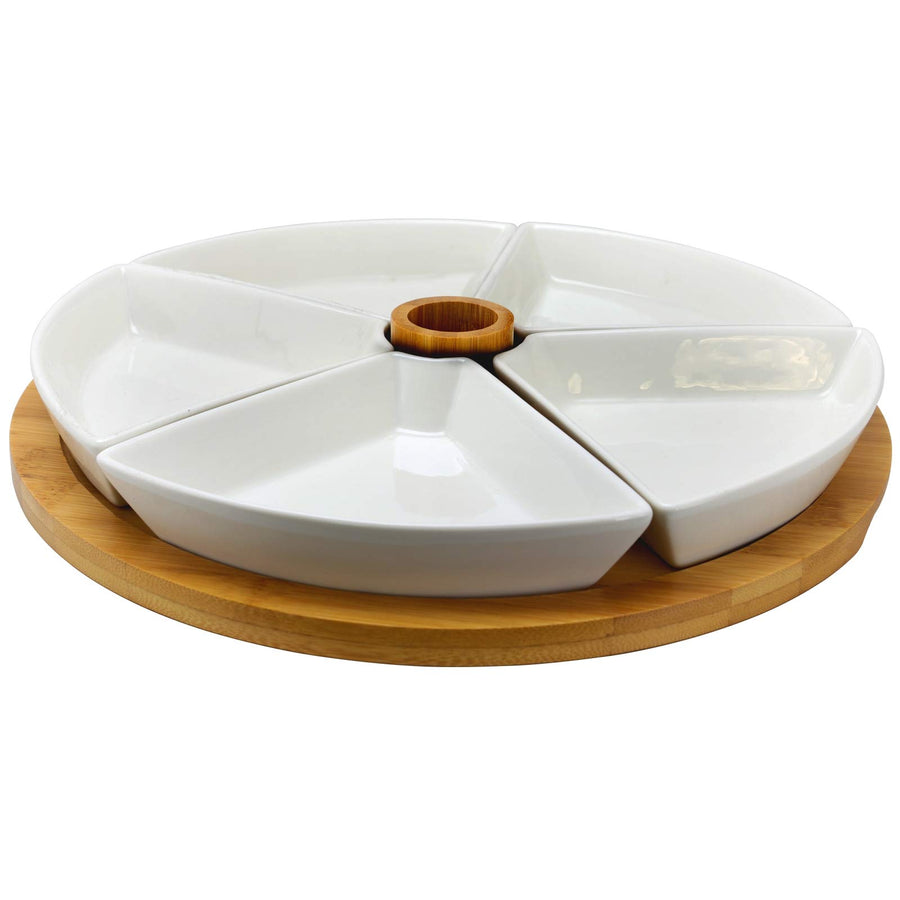 Elama Signature 7 Piece Appetizer Serving Set with 5 Stoneware Serving Dishes, Center Toothpick Holder and Bamboo Serving Tray, White and Natural