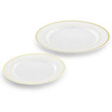 Elama 150-Piece Disposable Plastic Dinnerware Party Set for 25 Guests, White with Gold Trim, Plates Cups & Cutlery