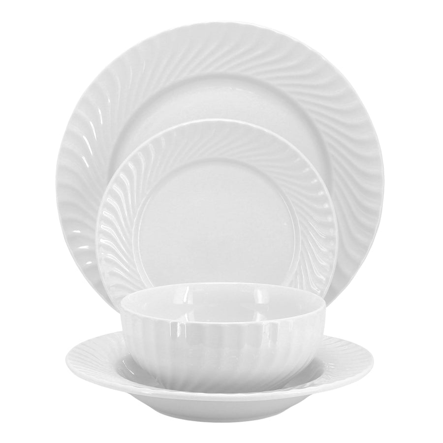 Elama Julia white porcelain place setting: dinner plate, salad plate, rimmed bowl and cereal bowl with wave rim