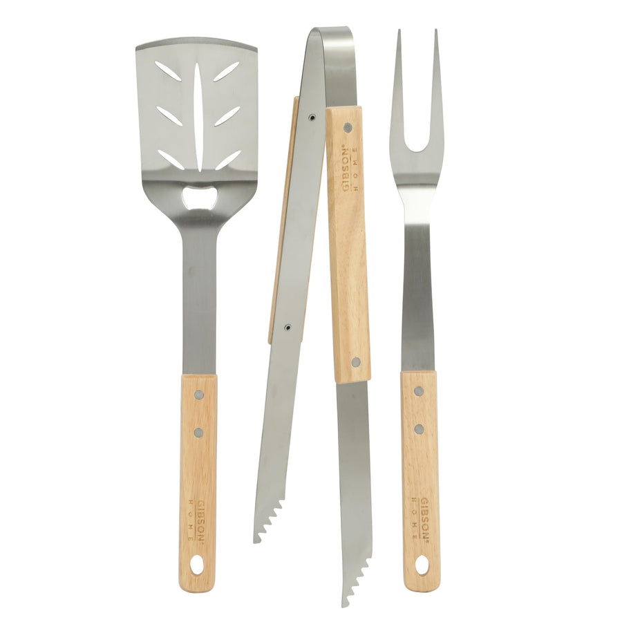 Gibson Home Barbeque Plus 3-Piece Stainless Steel BBQ Tool Set with Rubberwood Handles