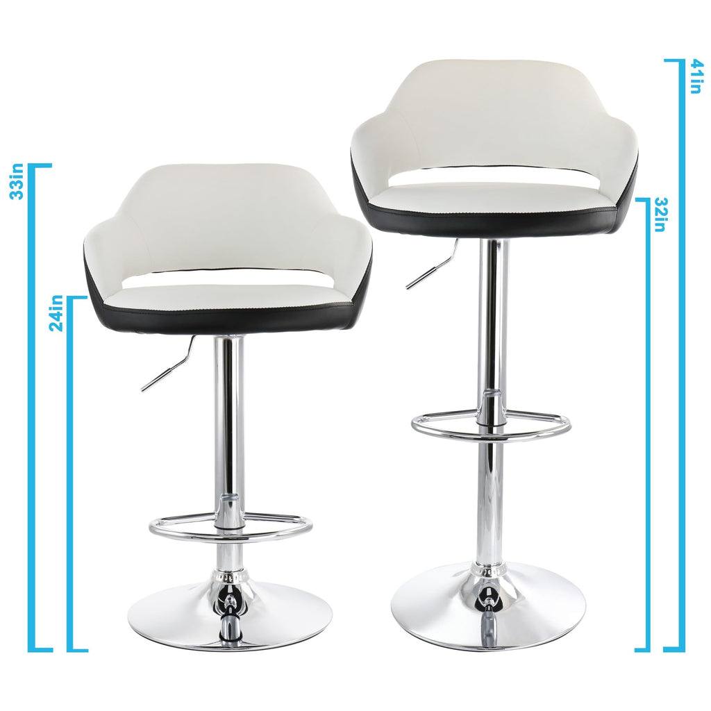Elama ELM-705 Adjustable Faux Leather Bar Stool Set of 2 – White with Black Trim & Chrome Swivel Base, Counter to Bar Height