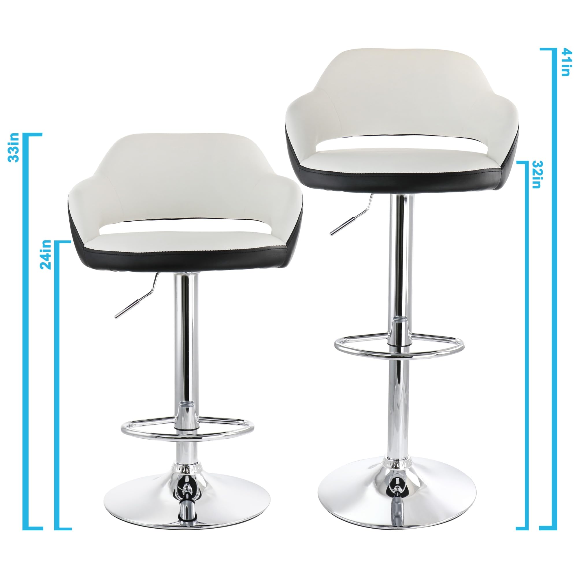 Elama ELM-705 Adjustable Faux Leather Bar Stool Set of 2 – White with Black Trim & Chrome Swivel Base, Counter to Bar Height