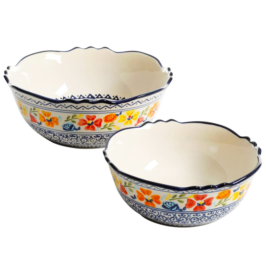 Gibson Home Luxembourg 2-Piece Hand-Painted Stoneware Serving Bowl Set, White with Blue Design (10" & 8")