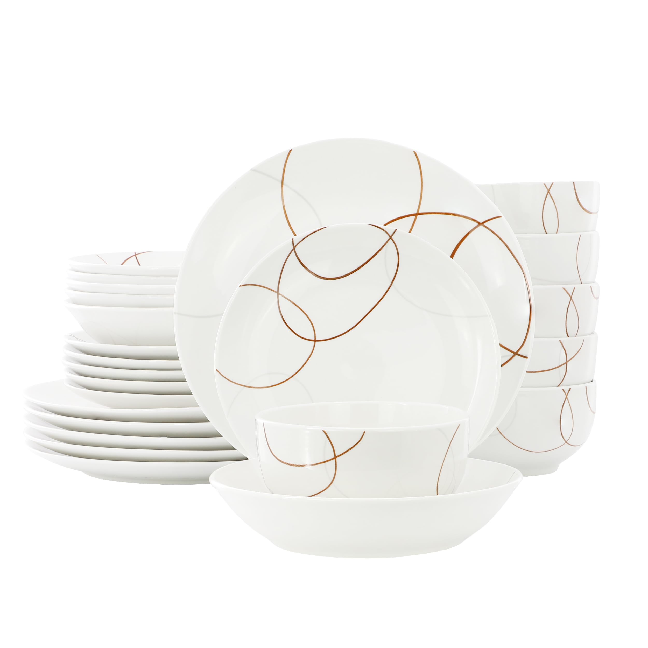 Elama Sydney 24-Piece Porcelain Double Bowl Dinnerware Set – White Abstract Service for 6