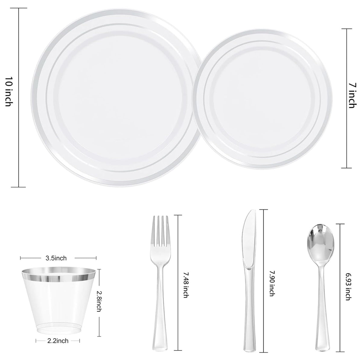 Elama 150-Piece Disposable Plastic Dinnerware Party Set for 25 Guests, Plates, Cups and Cutlery, White with Silver Trim