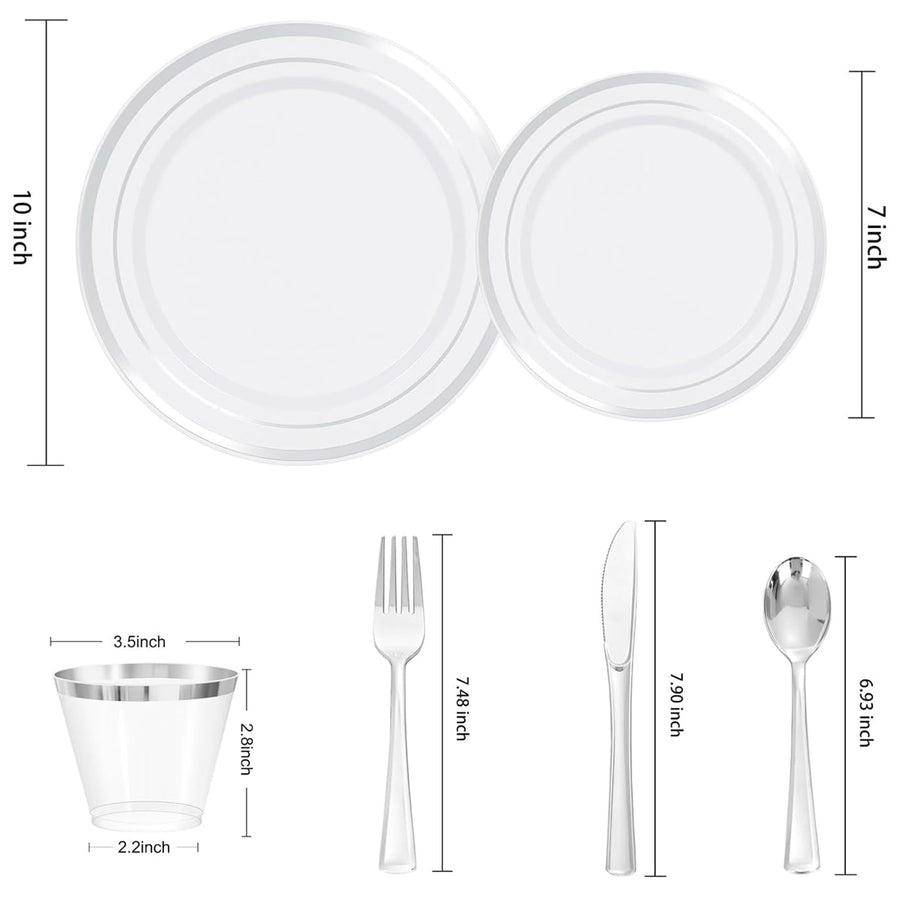 Elama 150-Piece Disposable Plastic Dinnerware Party Set for 25 Guests, Plates, Cups and Cutlery, White with Silver Trim