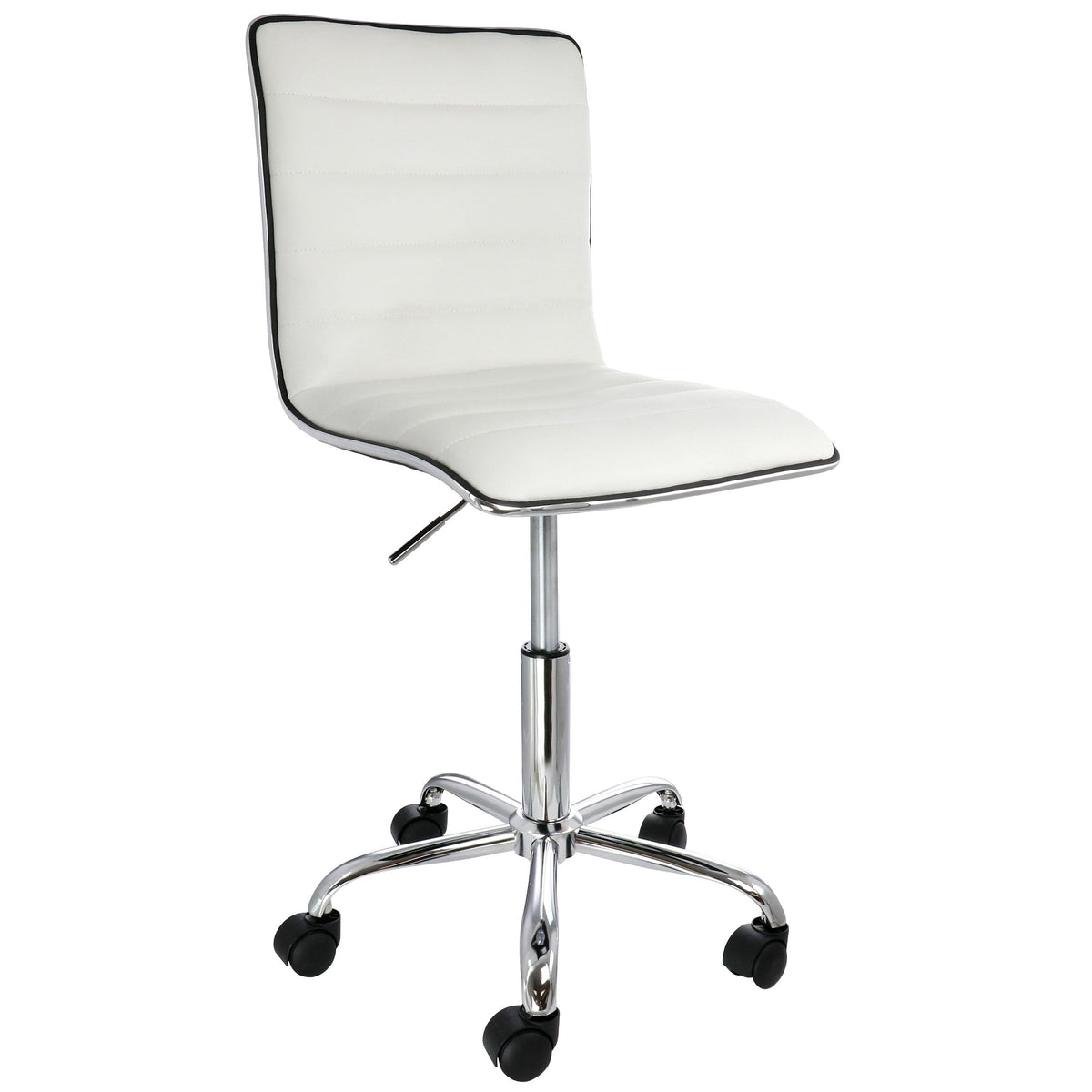Elama white striped faux leather rolling office chair with chrome trim, adjustable height and five-wheel base, front three-quarter view