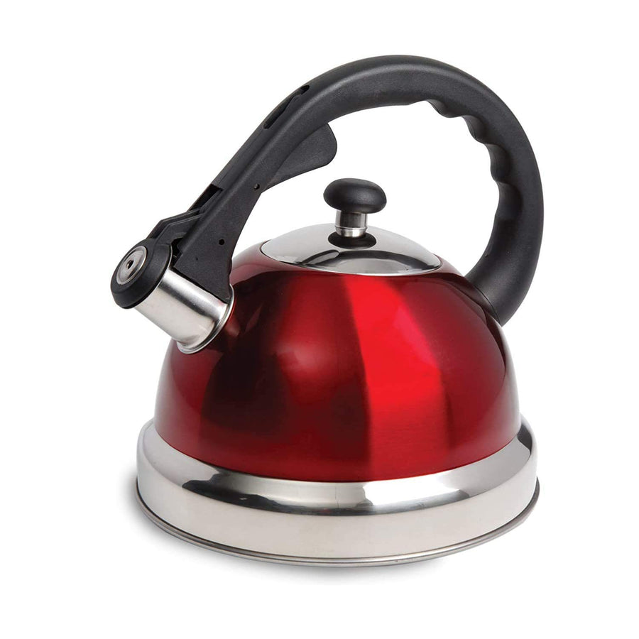 Mr. Coffee Claredale 1.7-quart stainless steel whistling tea kettle in metallic red with stay-cool nylon handle