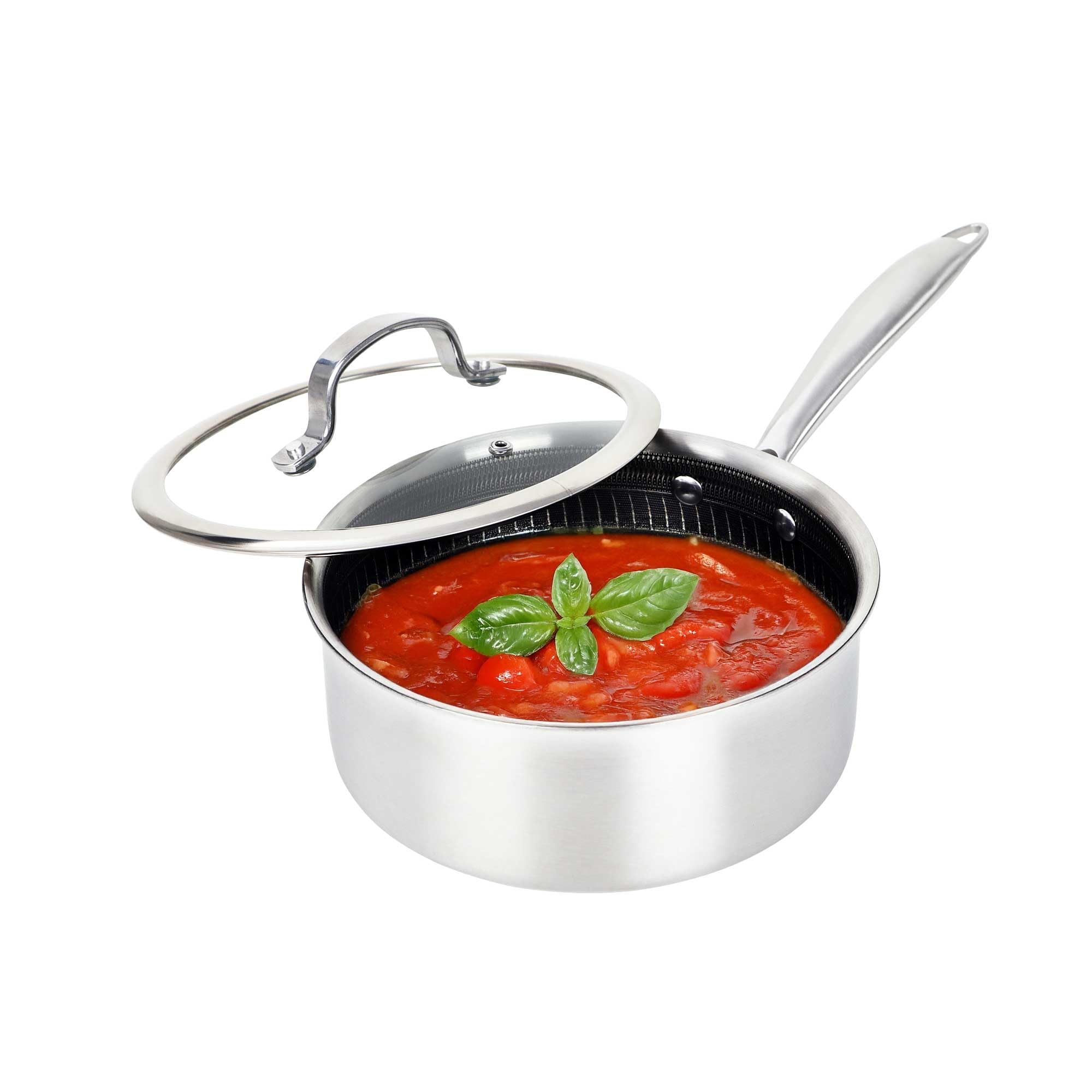 Brentwood B-SPH20L 3 Quart 3-Ply Hybrid Non-Stick Stainless Steel Saucepan with Tempered Glass Lid - Induction Ready, Oven Safe to 570F