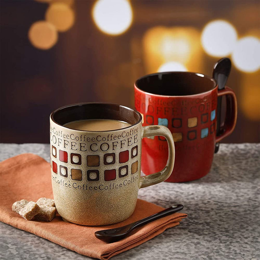 Mr. Coffee Cafe Americano 8-Piece 13 oz Ceramic Mug & Spoon Set, Assorted Colors (Service for 4)