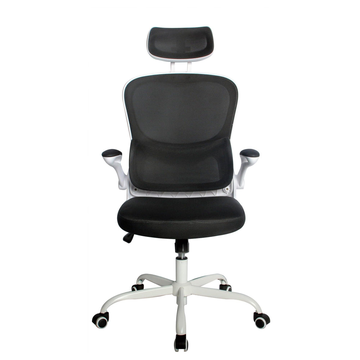 Elama high back mesh office chair with adjustable headrest and flip-up arms, black mesh on a white frame and white base, front view