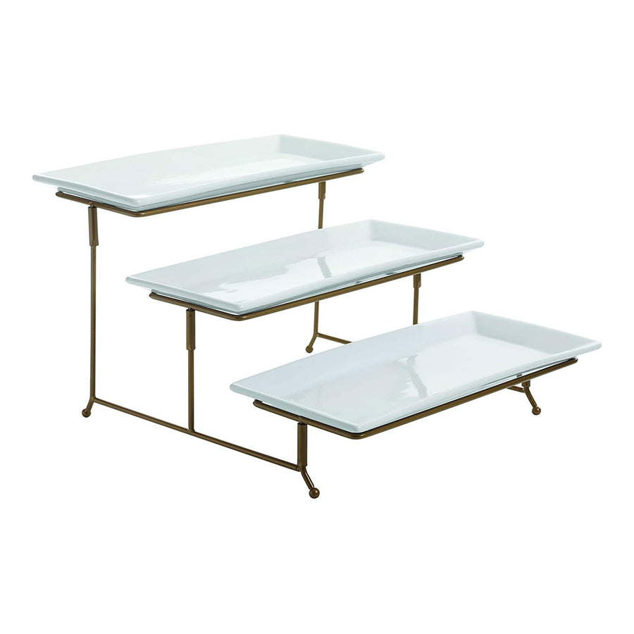 Gibson Home Gracious Dining 3-Tier Rectangle Stoneware Plate Serving Set with Gold Metal Stand, White