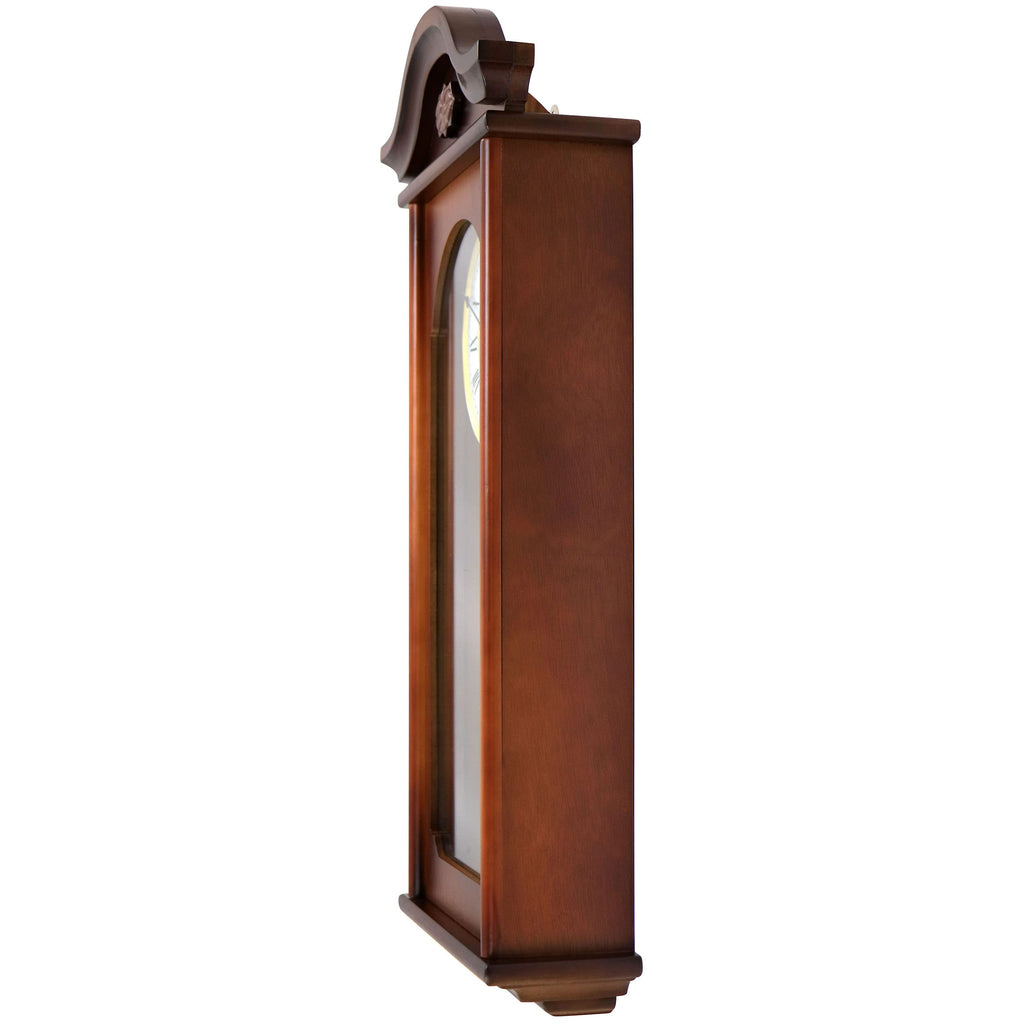Bedford Clock Collection Jacob 22.75" Mahogany Chiming Pendulum Wall Clock – Quartz Westminster Chimes with Swinging Pendulum & Roman Numeral Dial