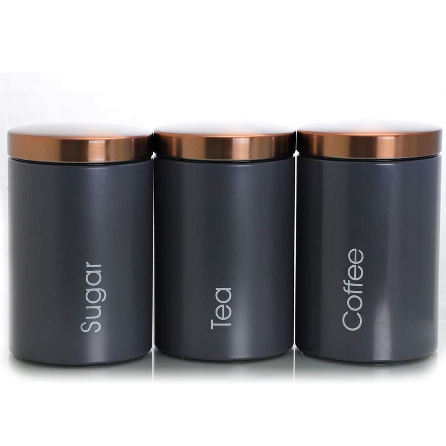 MegaChef 3-piece coffee, sugar and tea canister set, matte gray canisters with copper finish lids and white labels