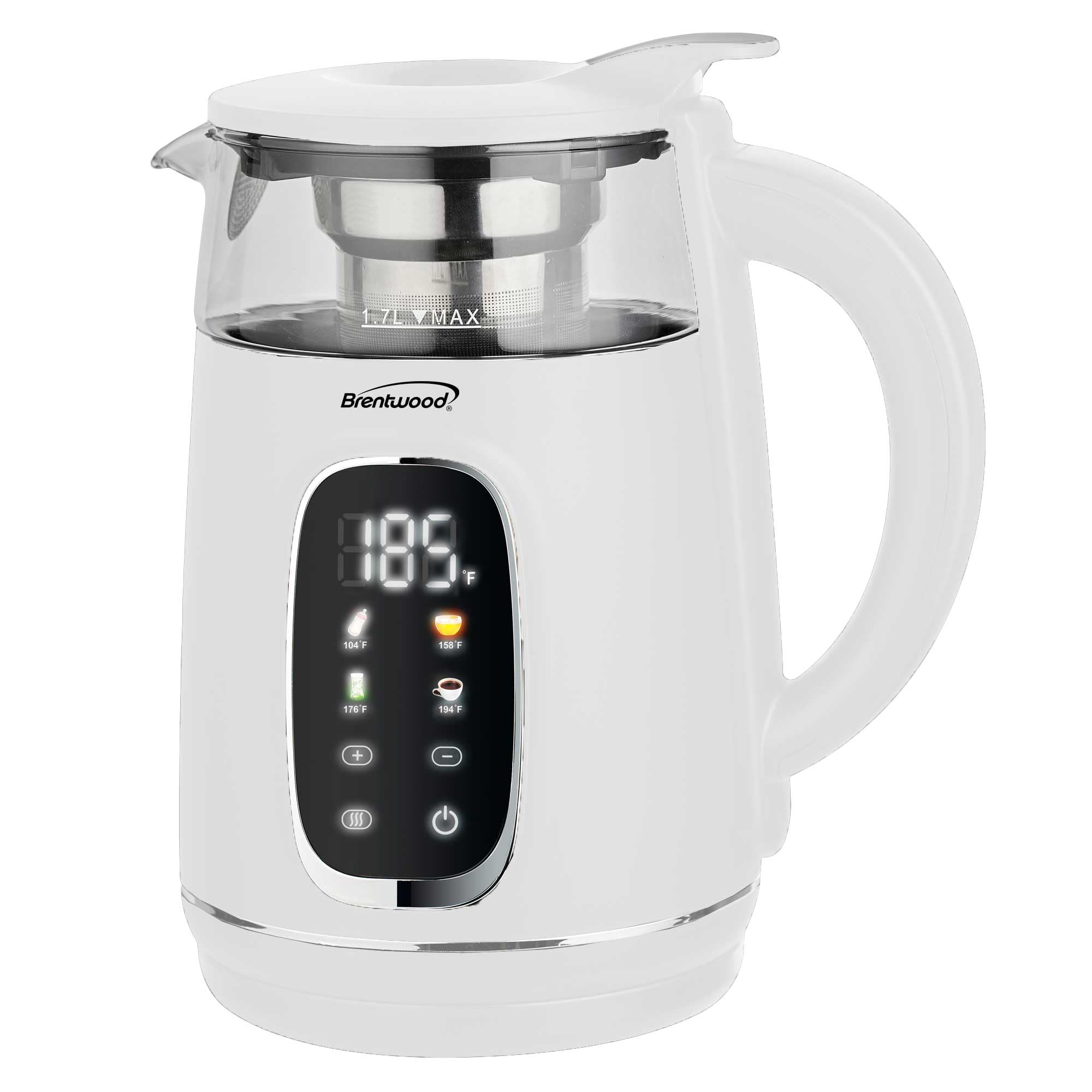 Brentwood KT-2018W white digital glass electric kettle with stainless tea infuser