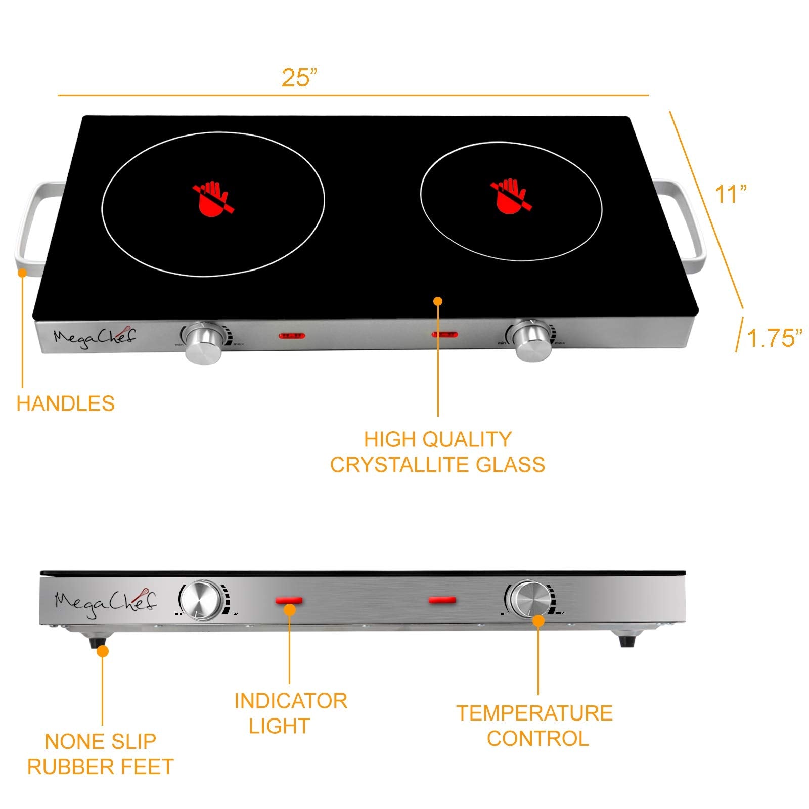 Megachef Double Ceramic Infrared Cooktop, 1700W 2-Burner Portable Countertop Radiant Cooktop for Any Flat-Bottom Cookware