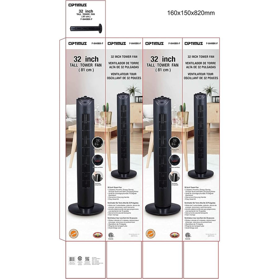 Optimus F-8449BK 32-Inch 3-Speed Oscillating Tower Fan with Timer, Black
