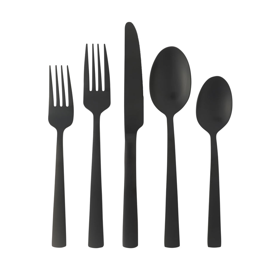 Gibson Elite Earlston 20-piece brushed matte black stainless steel flatware set with squared handles, service for 4
