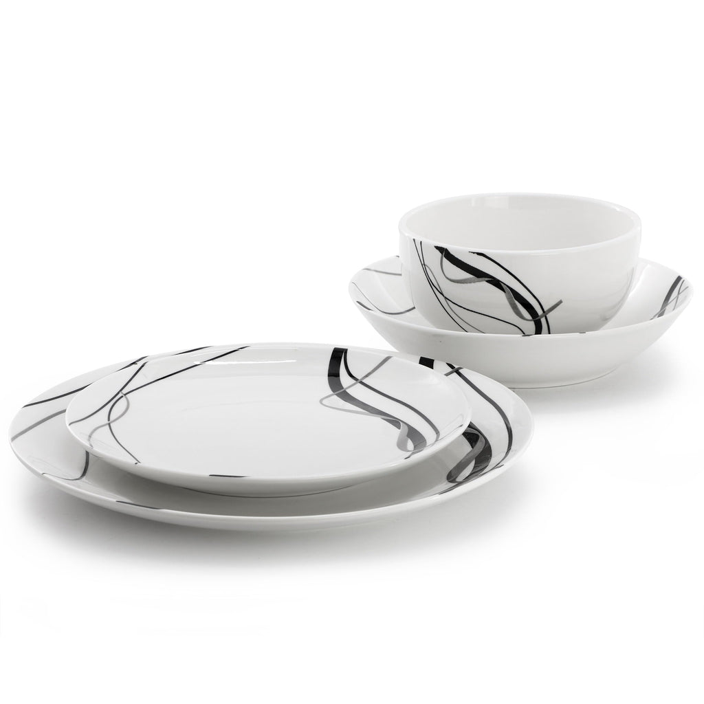 Elama Sarah 16 Piece Porcelain Double Bowl Black Ribbon Dinnerware Set, Service for 4 in White and Black