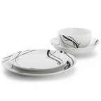Elama Sarah 16 Piece Porcelain Double Bowl Black Ribbon Dinnerware Set, Service for 4 in White and Black