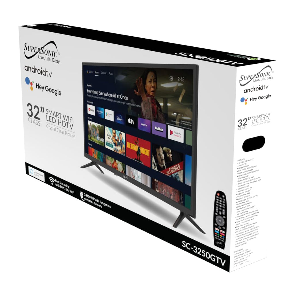 SuperSonic SC-3250GTV 32-Inch LED Android Smart HDTV - Google Assistant, 3 HDMI, Built-In ATSC Tuner, Wi-Fi, AC/DC Compatible
