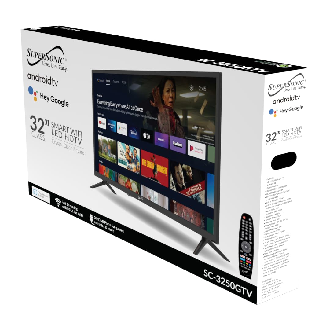 SuperSonic SC-3250GTV 32-Inch LED Android Smart HDTV - Google Assistant, 3 HDMI, Built-In ATSC Tuner, Wi-Fi, AC/DC Compatible
