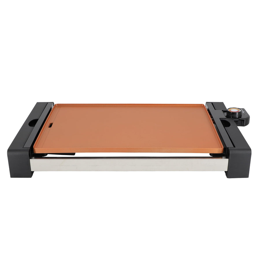 Electric Indoor Grill, 21.63 in Copper Nonstick, 1500W with Detachable Thermostat and Grease Tray, by MegaChef