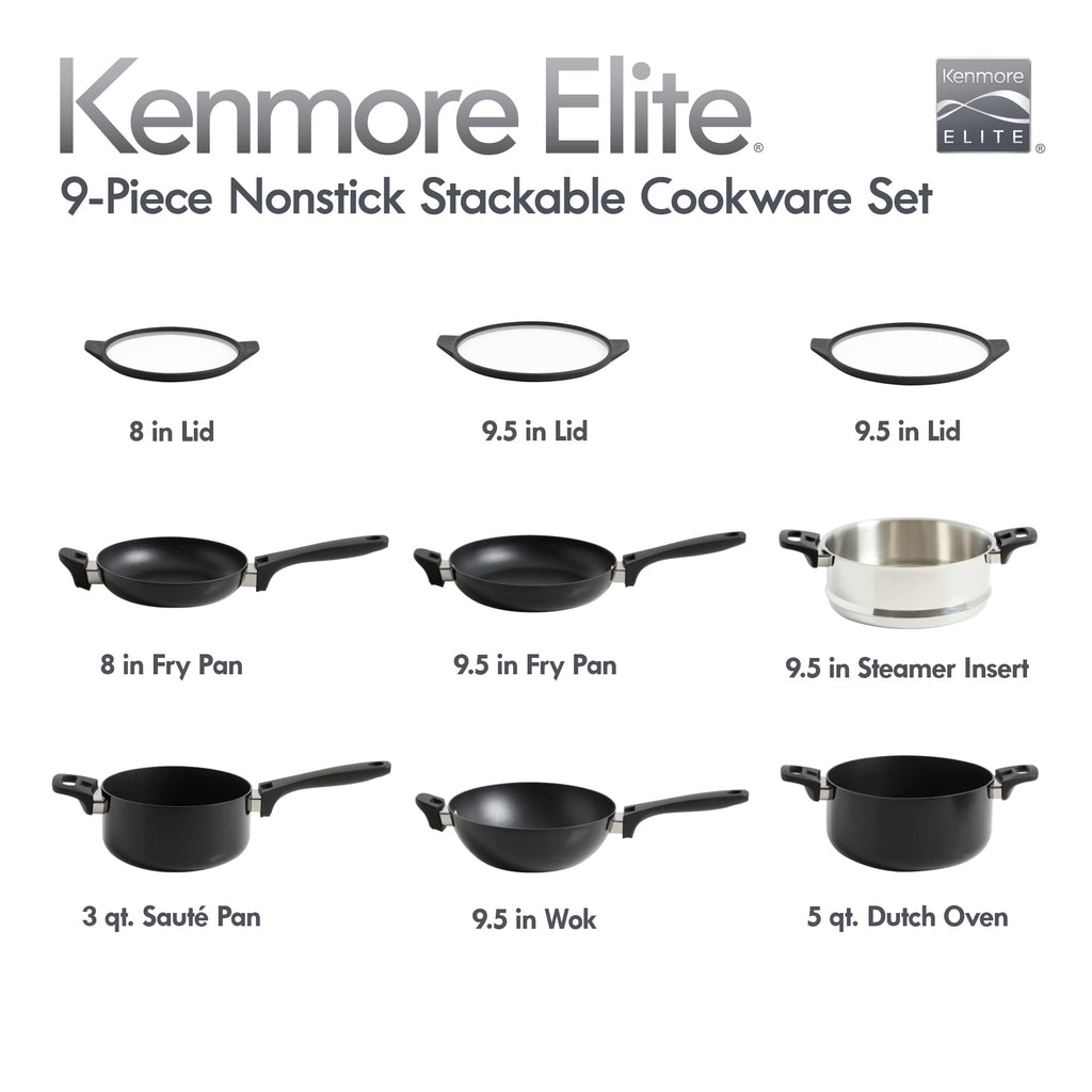 Kenmore Elite Grayson 9-Piece Stackable Platinum Nonstick Forged Aluminum Cookware Set – Induction-Ready Pots & Pans with Tempered Glass Lids & Stainless Steamer (Black)