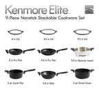 Kenmore Elite Grayson 9-Piece Stackable Platinum Nonstick Forged Aluminum Cookware Set – Induction-Ready Pots & Pans with Tempered Glass Lids & Stainless Steamer (Black)