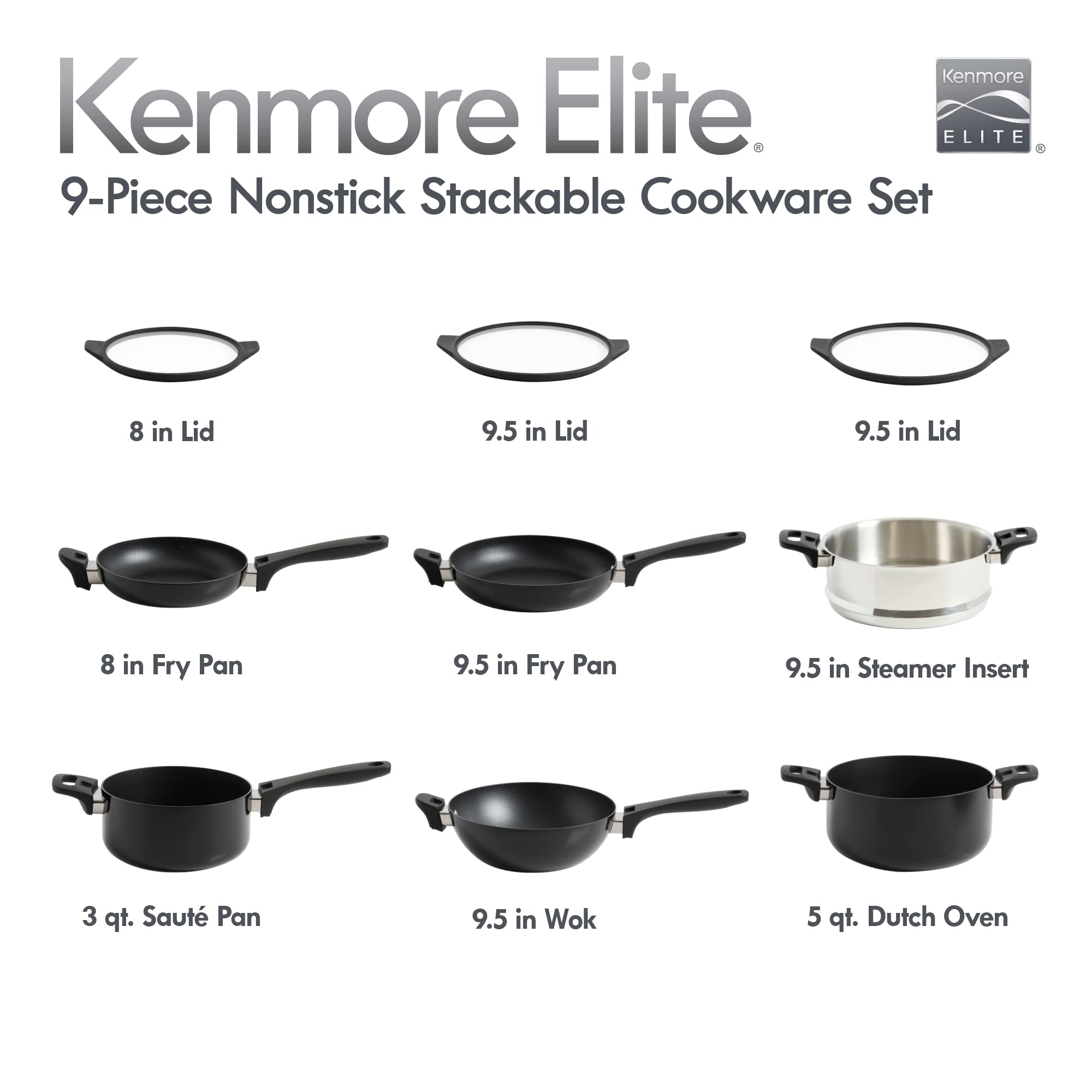 Kenmore Elite Grayson 9-Piece Stackable Platinum Nonstick Forged Aluminum Cookware Set – Induction-Ready Pots & Pans with Tempered Glass Lids & Stainless Steamer (Black)