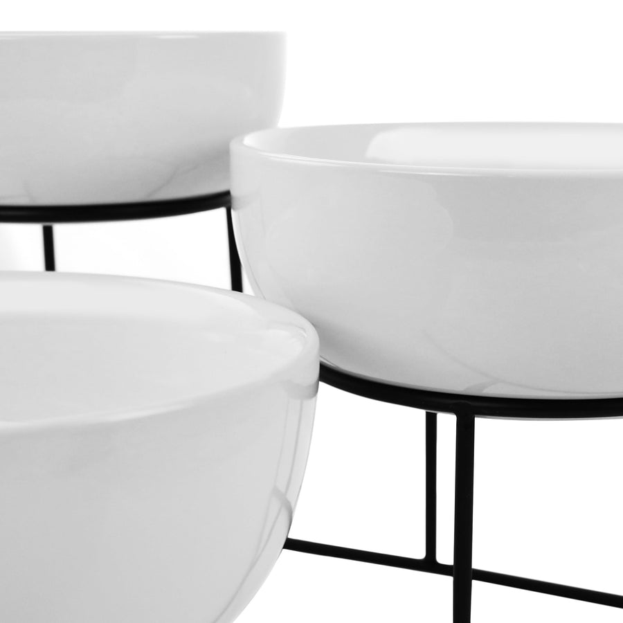 Gibson Elite 4-Piece Stoneware Serving Bowl Set with Tiered Metal Rack, White and Black, 6, 7 and 8 in Bowls, Dishwasher and Microwave Safe Bowls