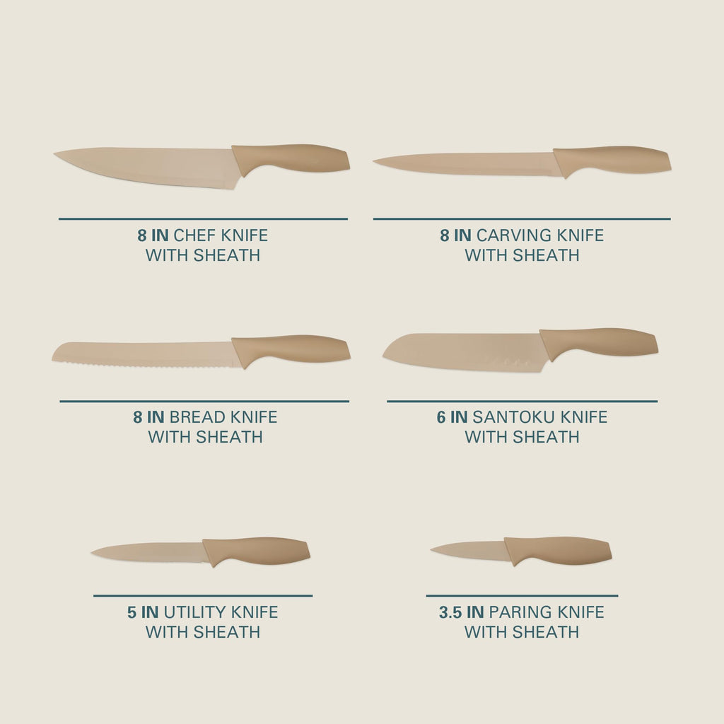 Gibson Home Bostonville 12-Piece Nonstick Stainless Steel Knife Set - Beige, 6 Knives with Matching Blade Guards