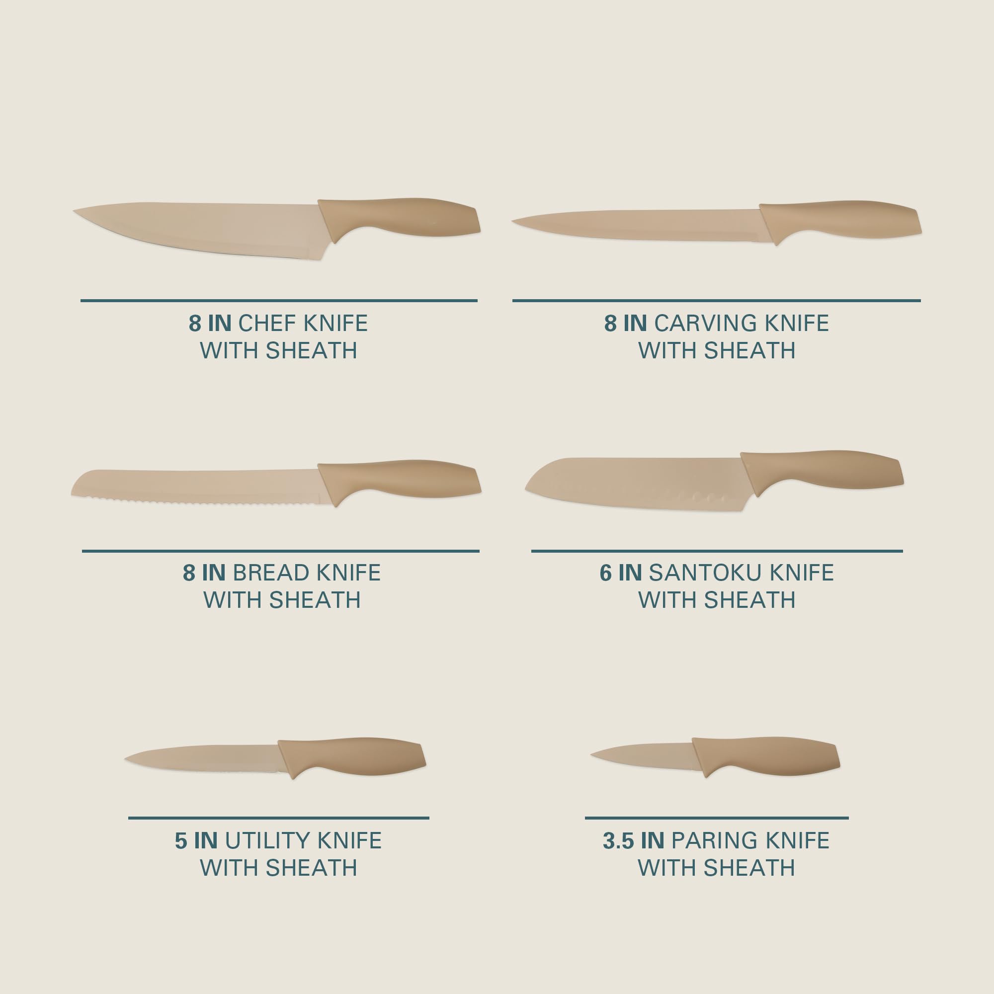Gibson Home Bostonville 12-Piece Nonstick Stainless Steel Knife Set - Beige, 6 Knives with Matching Blade Guards