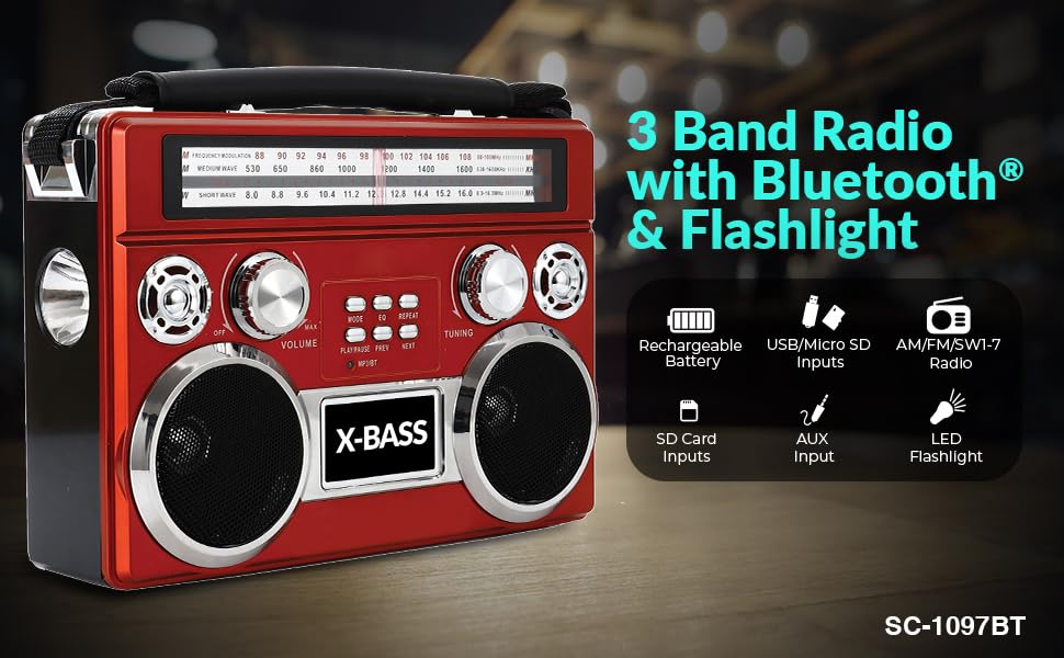 SuperSonic SC-1097BT 3-Band AM/FM/SW Bluetooth Radio with Flashlight - Red