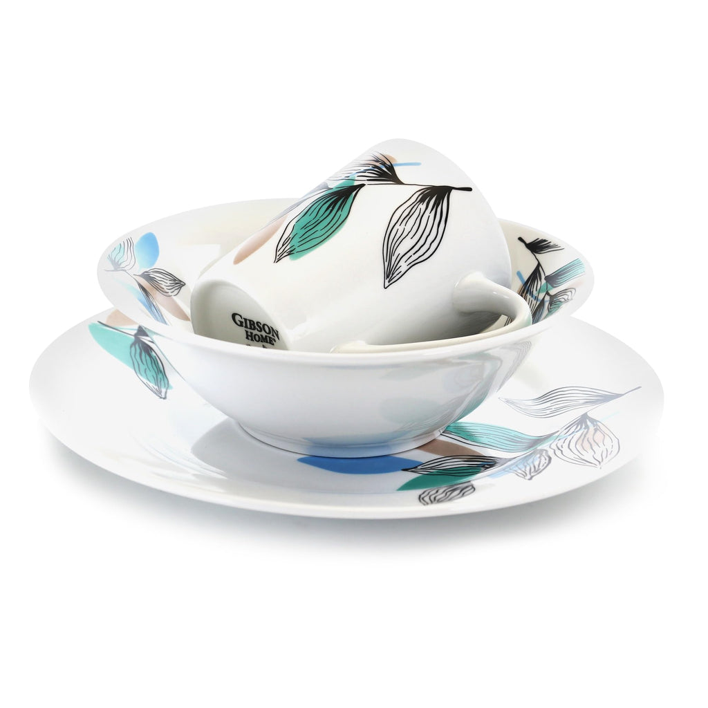 Gibson Home Vineyard Blue 12-Piece Fine Ceramic Dinnerware Set – Blue Leaf Design, Service for 4 with Plates, Bowls & Mugs