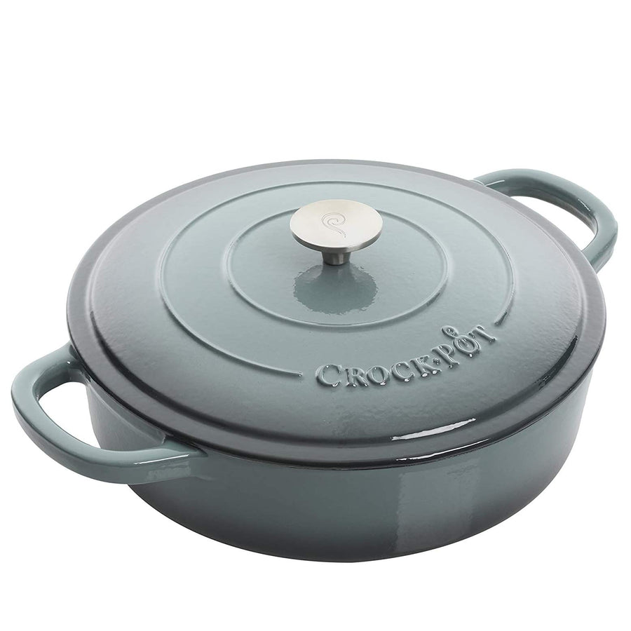 Crock-Pot Artisan 5 quart round enameled cast iron braiser in slate gray with self-basting lid and loop handles