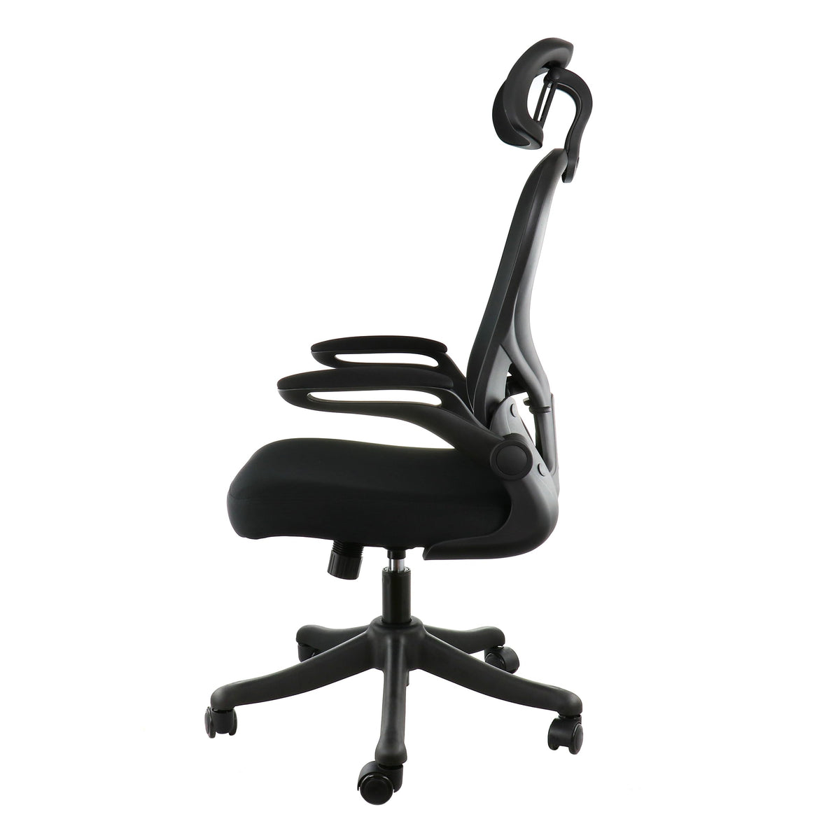 Elama black and gray ergonomic mesh office chair, side profile showing the curved mesh back, adjustable headrest and flip-up arm