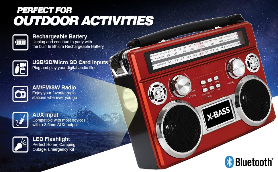 SuperSonic SC-1097BT 3-Band AM/FM/SW Bluetooth Radio with Flashlight - Red