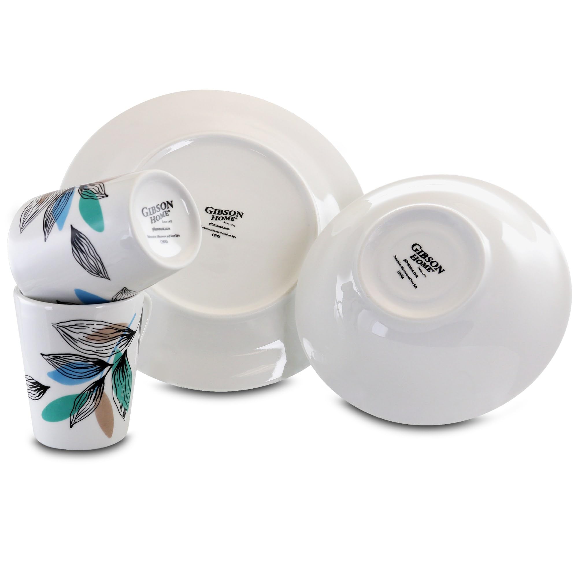 Gibson Home Vineyard Blue 12-Piece Fine Ceramic Dinnerware Set – Blue Leaf Design, Service for 4 with Plates, Bowls & Mugs
