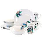 Gibson Home Vineyard Blue 12-Piece Fine Ceramic Dinnerware Set – Blue Leaf Design, Service for 4 with Plates, Bowls & Mugs