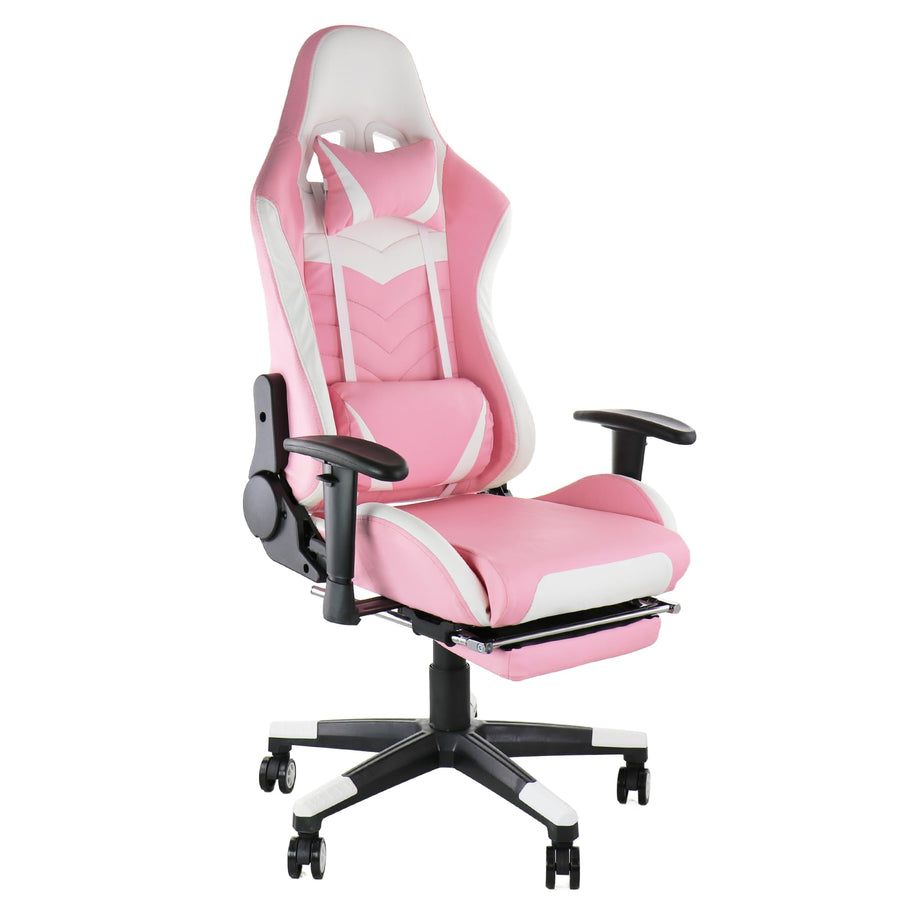 GameFitz reclining gaming chair in pink and white faux leather with head and lumbar pillows, front three-quarter view