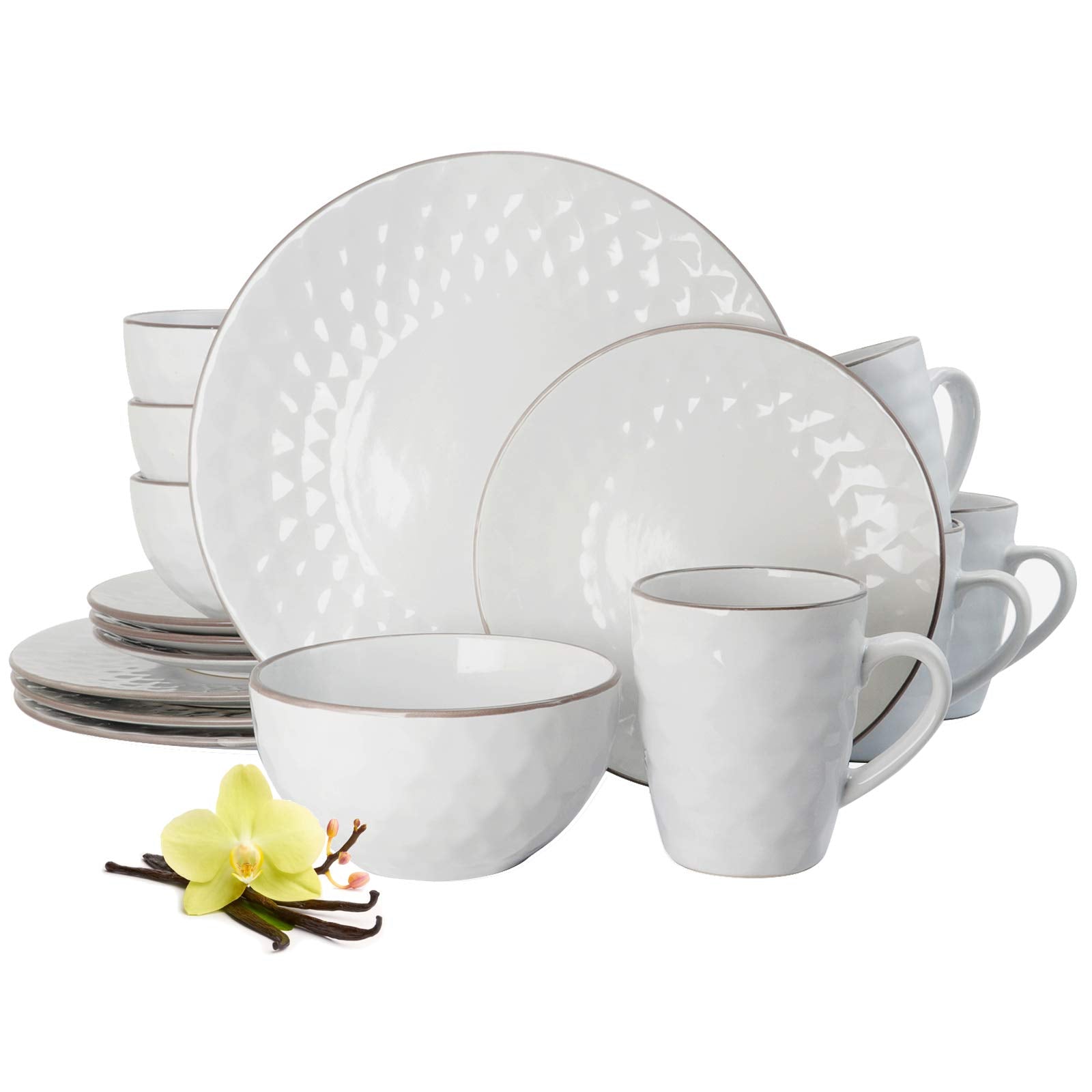 Elama's Luxurious Medici Pearl 16 Piece Dinnerware Set in Slate and Stone Pearl with Setting for 4