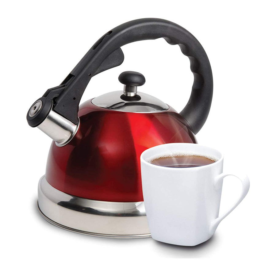 Mr. Coffee Claredale 1.7-Quart Stainless Steel Whistling Tea Kettle, Metallic Red