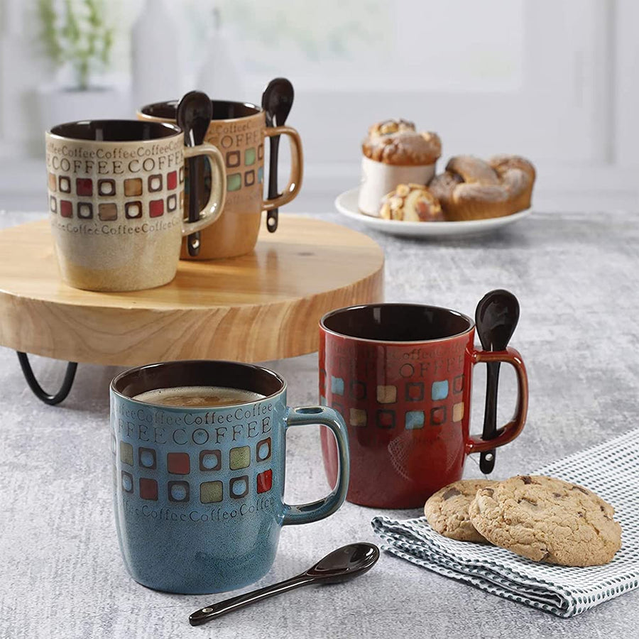 Mr. Coffee Cafe Americano 8-Piece 13 oz Ceramic Mug & Spoon Set, Assorted Colors (Service for 4)