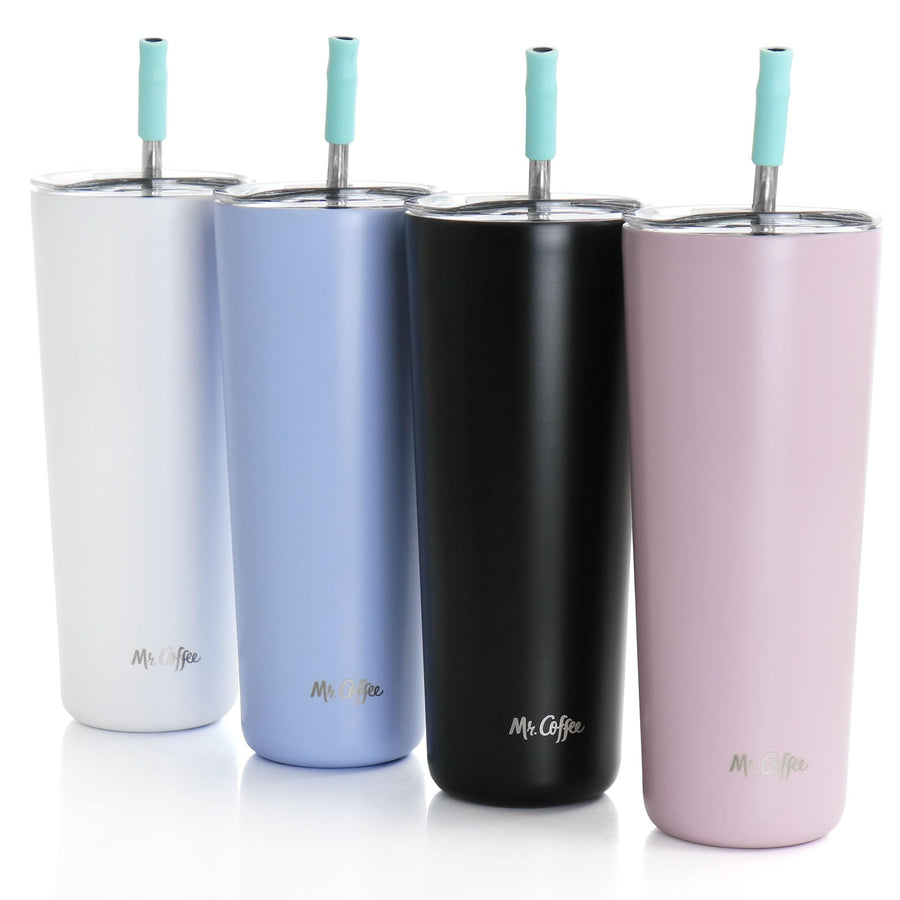 Mr. Coffee Java Quest 23 oz Double-Wall Stainless Steel Tumblers with Lids and Straws, Set of 4, Assorted Colors (12 Pieces)