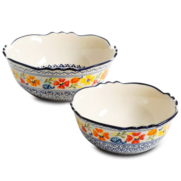 Gibson Home Luxembourg 2-Piece Hand-Painted Stoneware Serving Bowl Set, White with Blue Design (10" & 8")