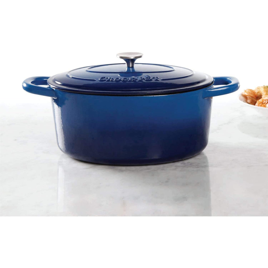 Crock-Pot Artisan 7-Quart Oval Enameled Cast Iron Dutch Oven with Lid – Sapphire Blue Heavy-Duty Cookware