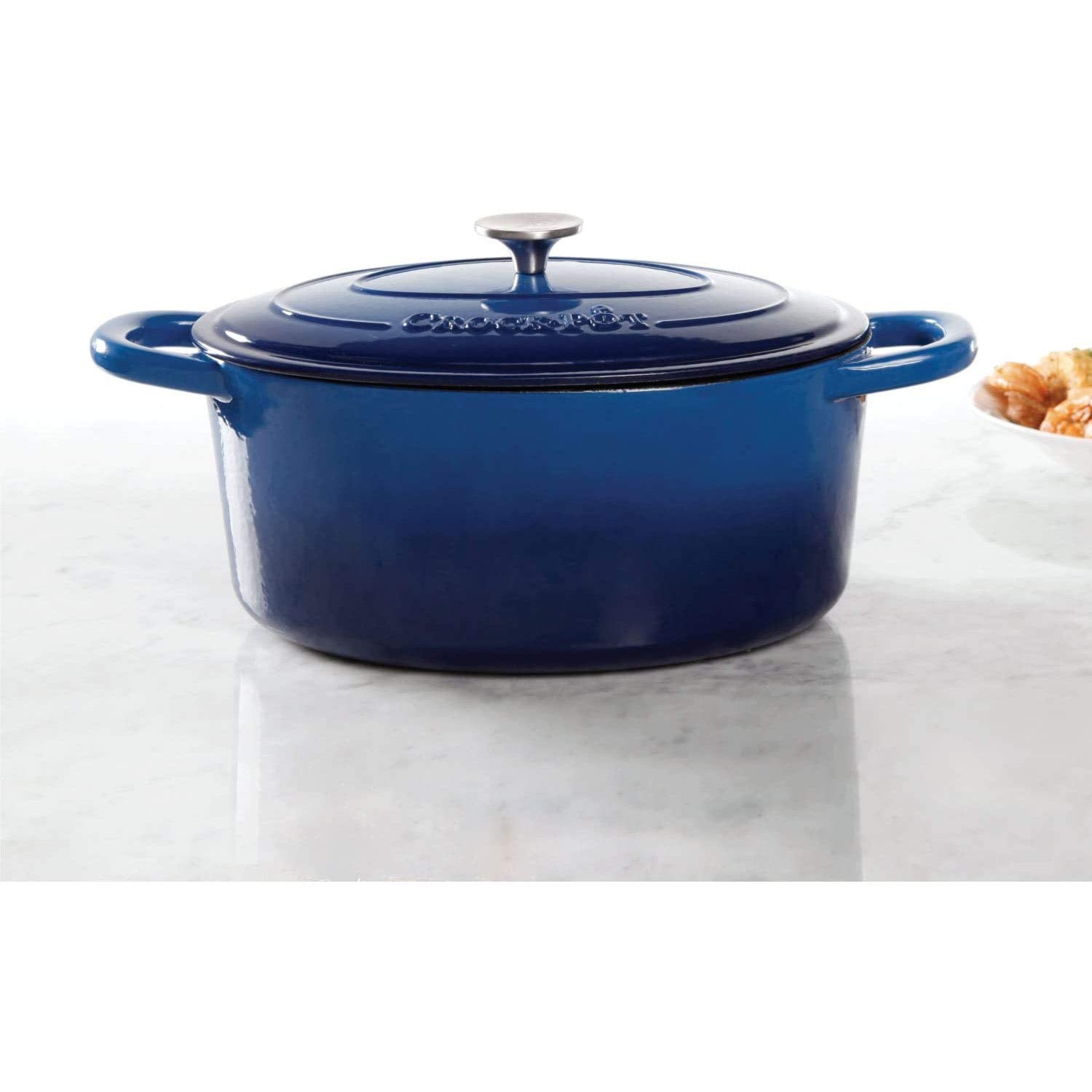 Crock-Pot Artisan 7-Quart Oval Enameled Cast Iron Dutch Oven with Lid – Sapphire Blue Heavy-Duty Cookware