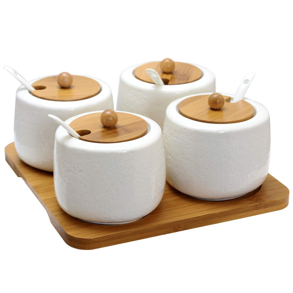 Elama Ceramic Spice, Jam & Salsa Jars with Bamboo Lids, Serving Spoons & Tray