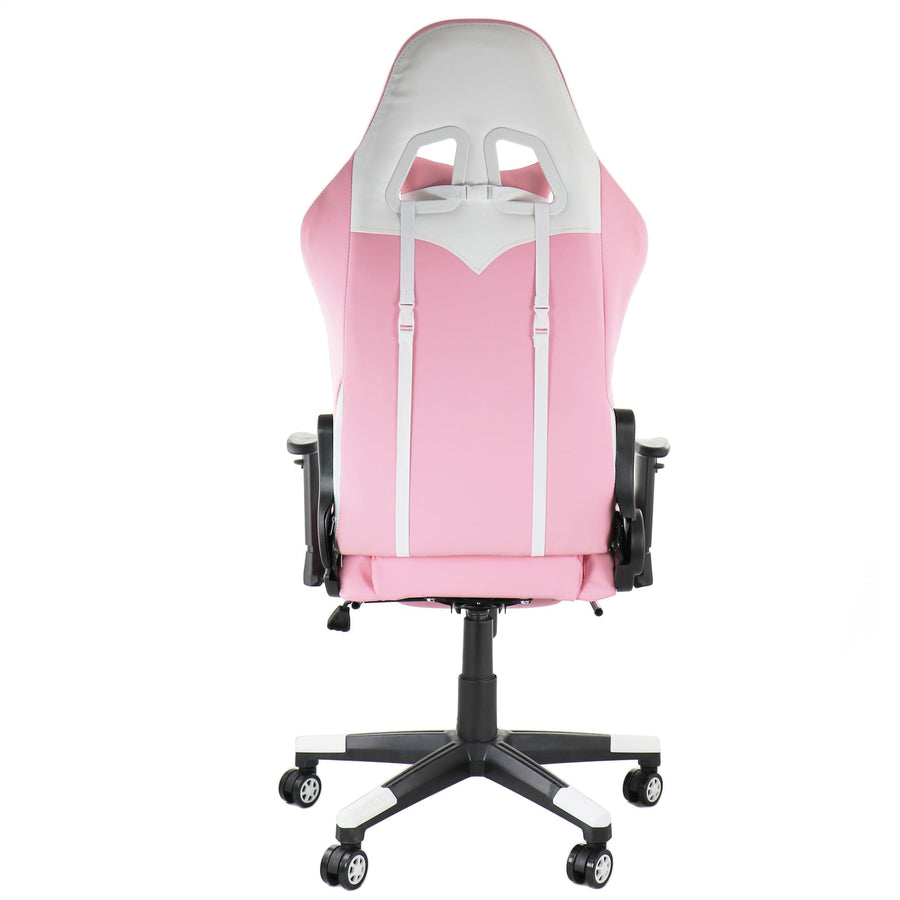 GameFitz pink and white gaming chair, back view showing the white headrest frame, pillow straps and five-star base